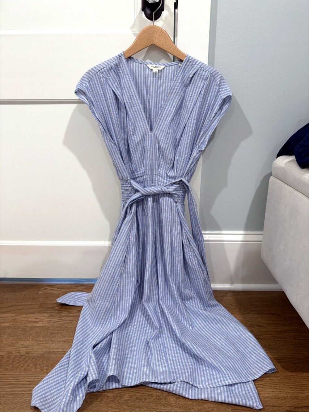 Max Studio London Blue Striped Smocked Waist Maxi Dress XS
